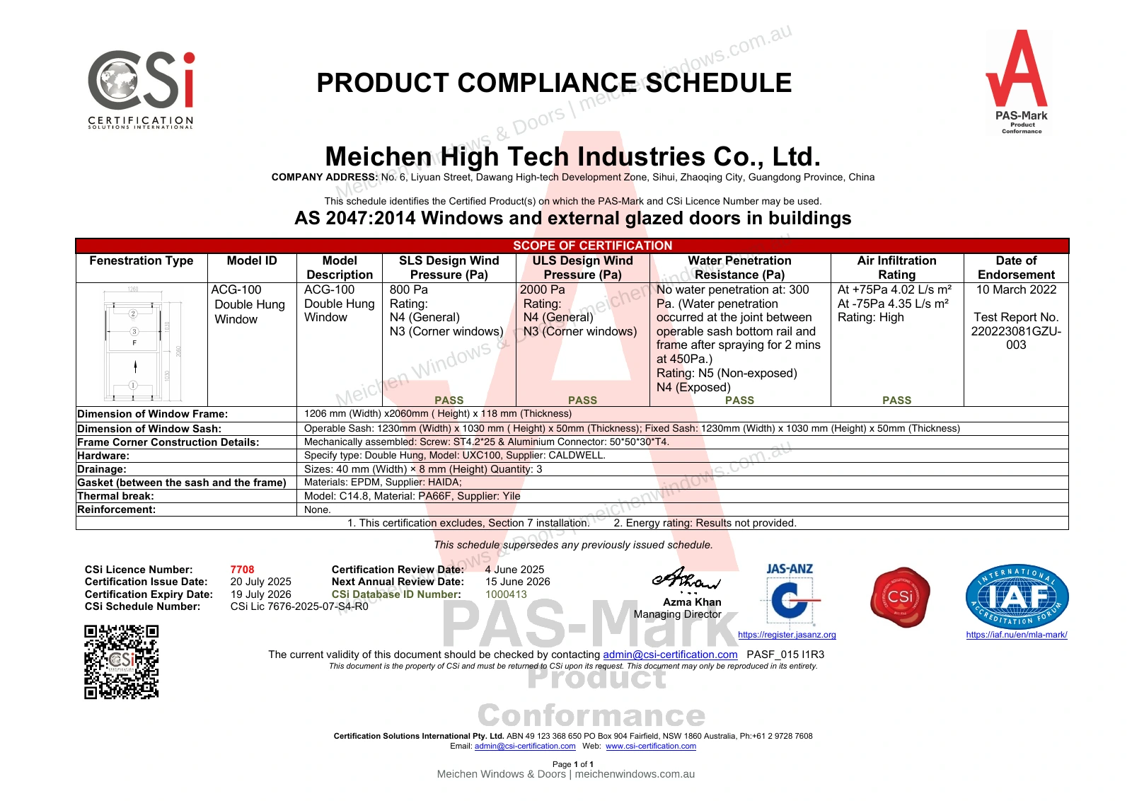ACG-100 Double Hung Window — Historical Compliance Schedule — watermarked page 1