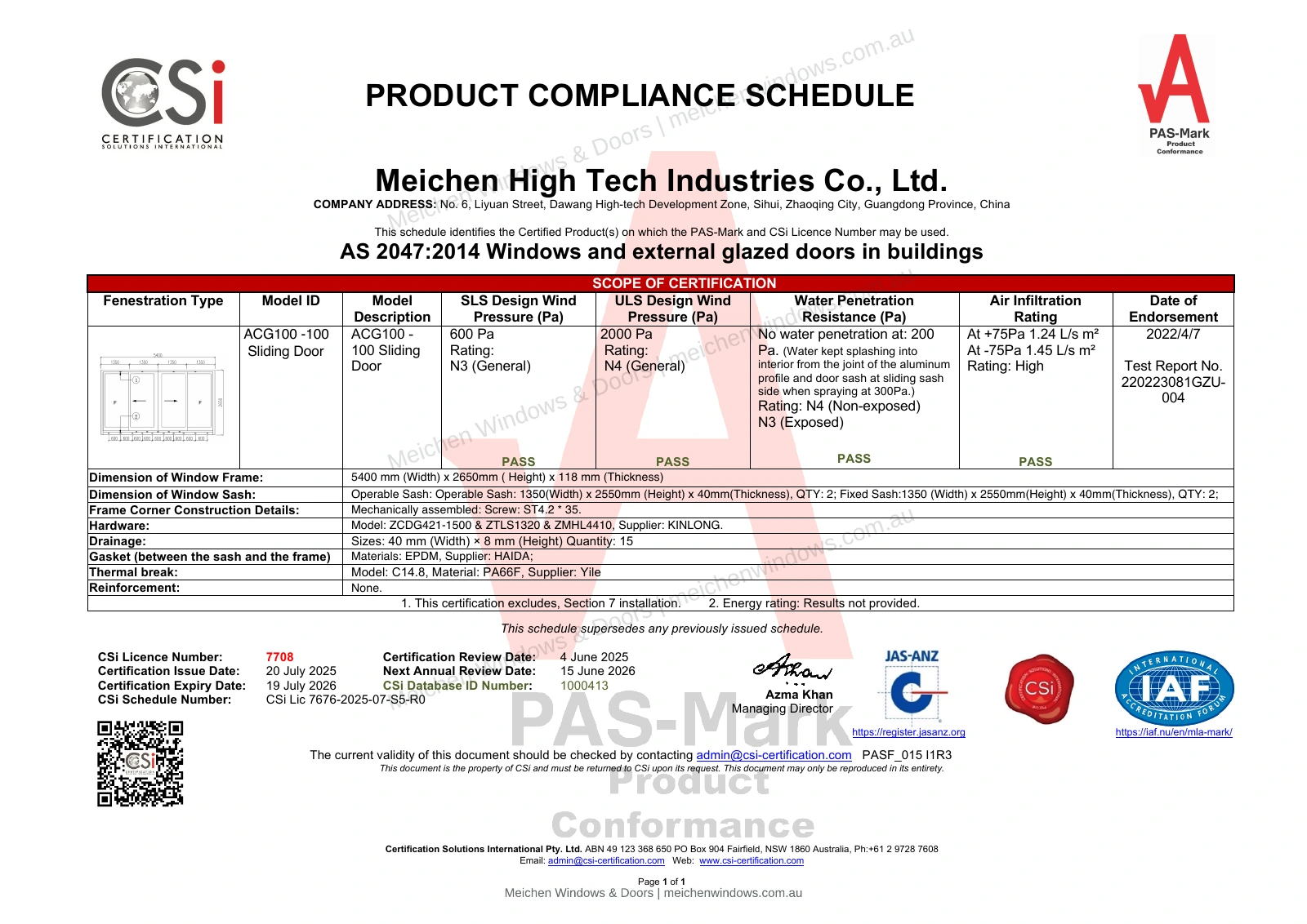 ACG100-100 Sliding Door — Historical Compliance Schedule — watermarked page 1