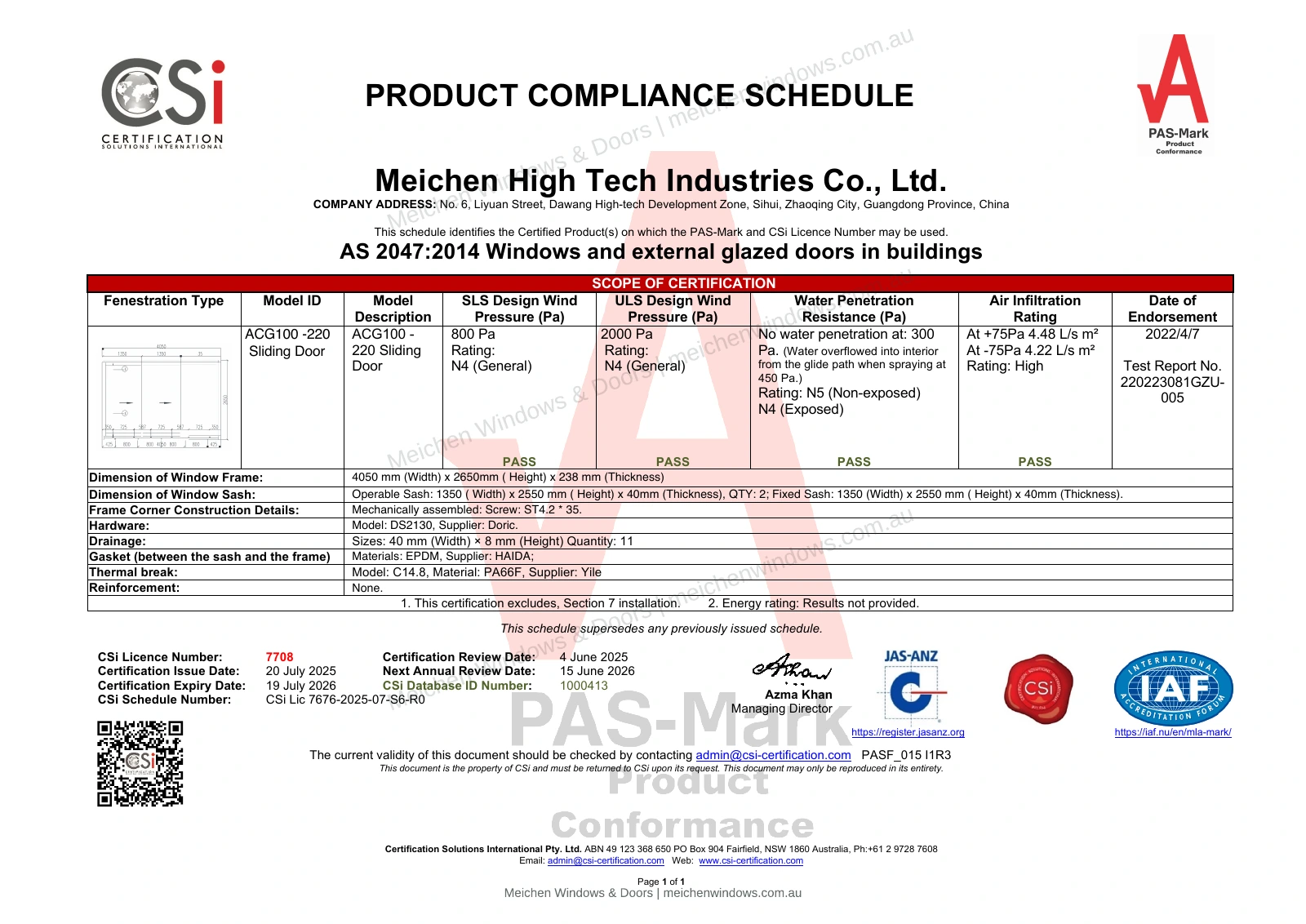 ACG100-220 Sliding Door — Historical Compliance Schedule — watermarked page 1