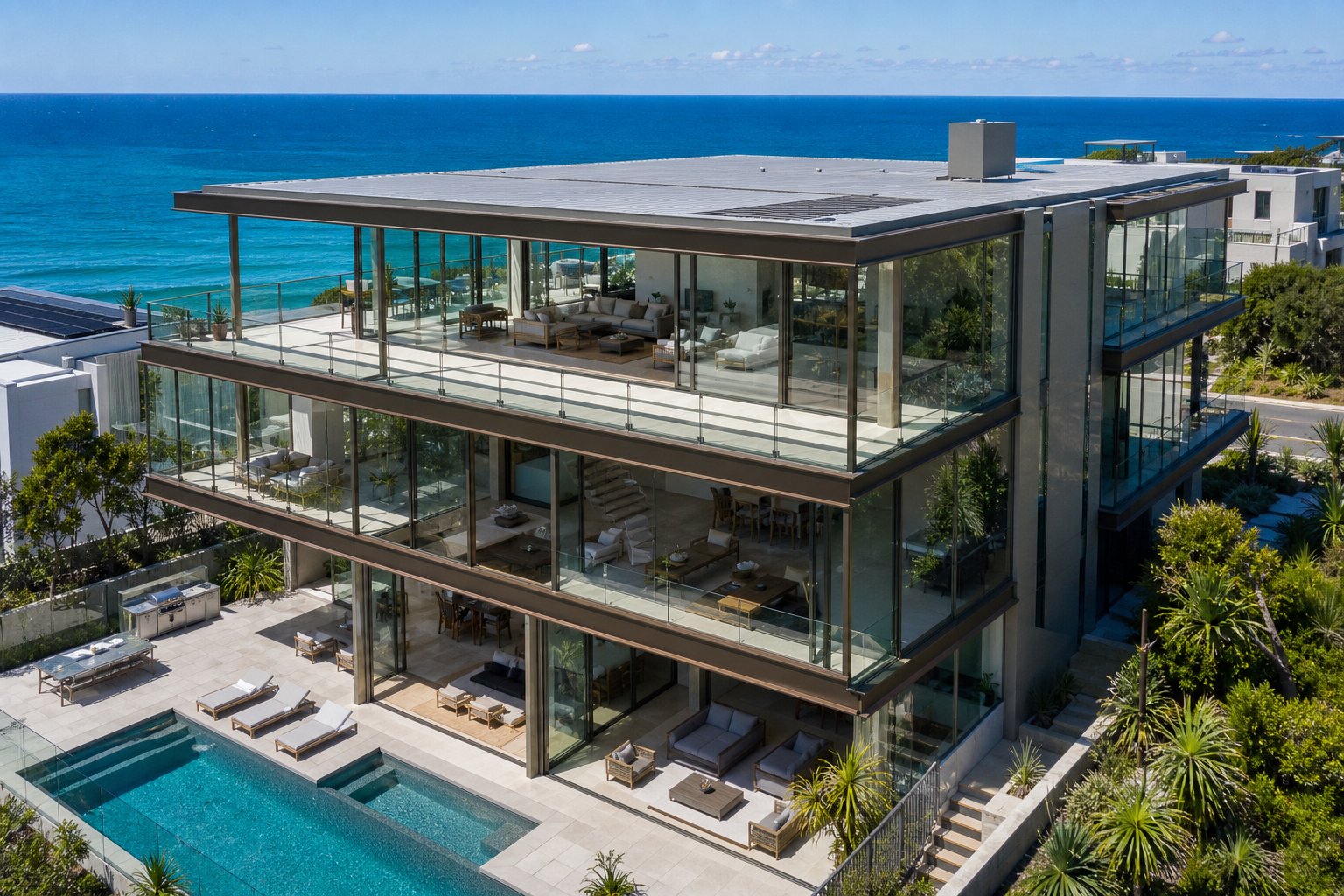 coastal australian home with floor to ceiling aluminium windows on every level framing panoramic ocean views