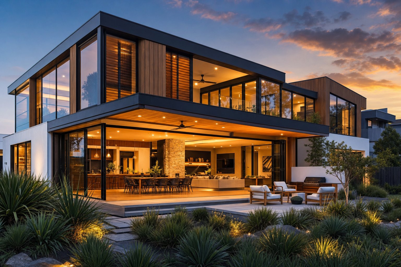modern australian home at dusk highlighting matte black aluminium frames paired with timber cladding and expansive glazing