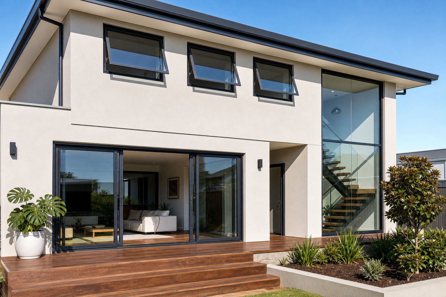 contemporary home facade featuring sliding awning and fixed aluminium window types with slim charcoal frames