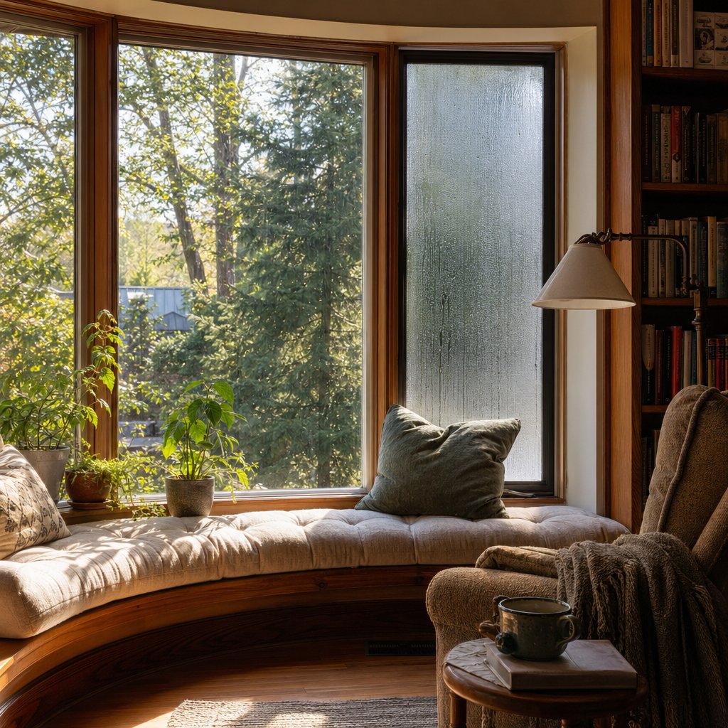 a bow window showcasing both its natural light benefits and the realistic maintenance considerations homeowners should expect