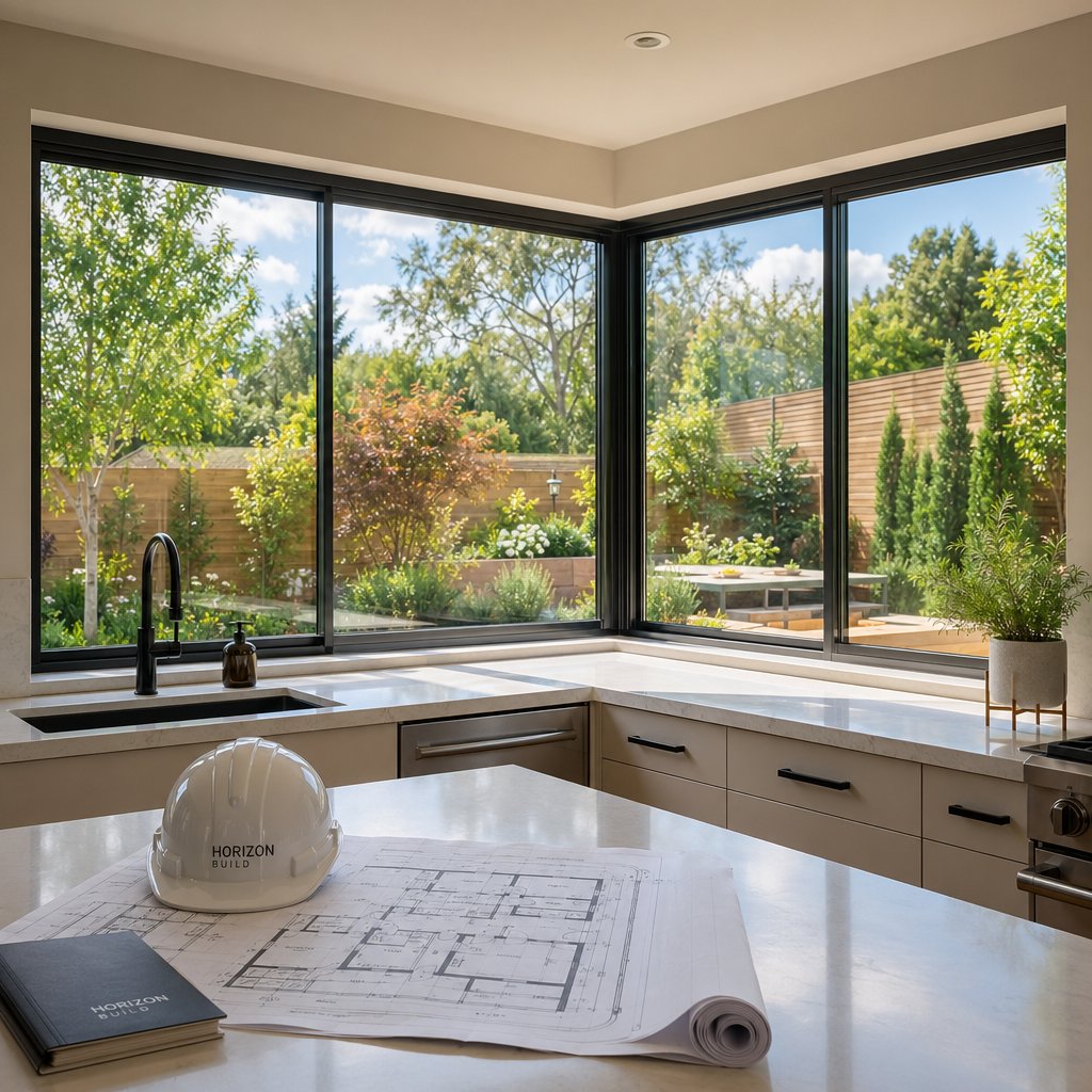 a completed aluminium framed corner window installation in a contemporary kitchen with garden views
