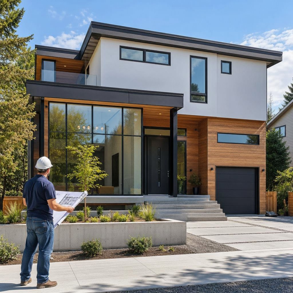 a contemporary home facade illustrating varied window sizes and the balance between glass area and wall structure