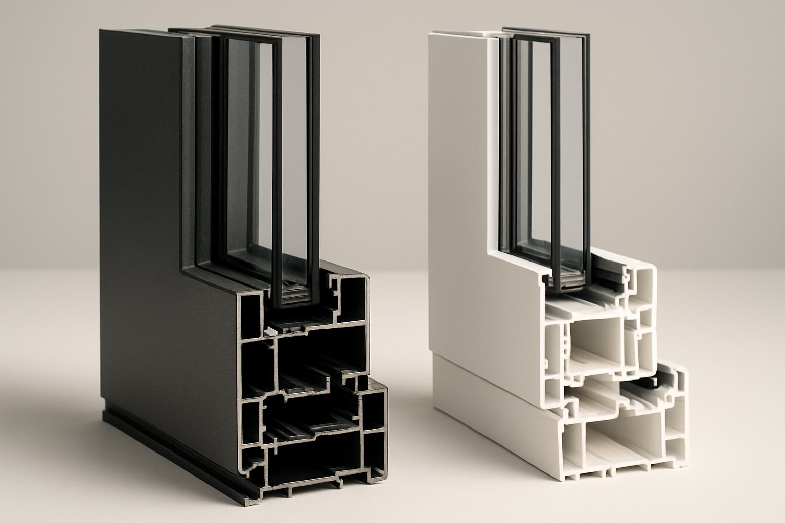 a cross section comparison of a thermally broken aluminium frame and a hybrid aluminium clad upvc frame