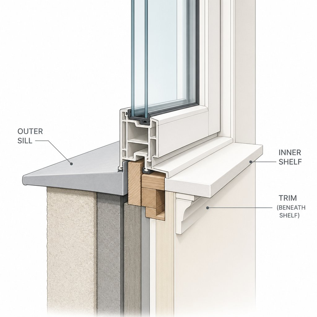 a cross section view of the bottom of a window frame showing how the sill stool and apron fit together