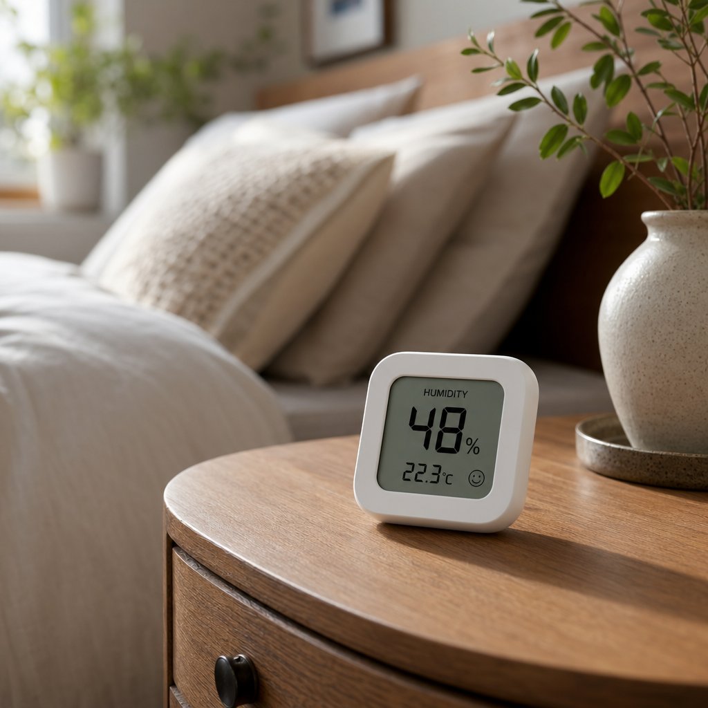 a digital hygrometer on a bedside table helps homeowners monitor indoor humidity levels to prevent window condensation