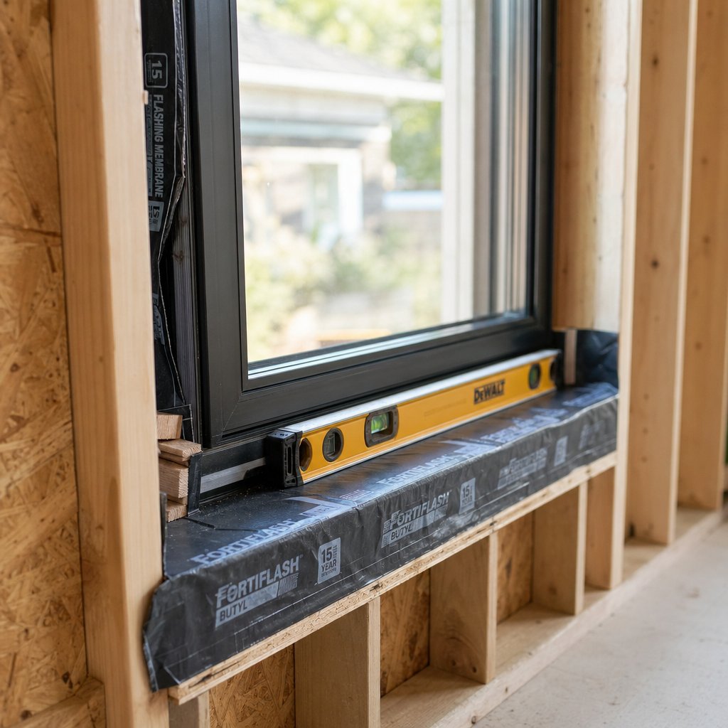 a fixed aluminium window being installed into a rough opening with proper flashing shimming and levelling for a weathertight seal