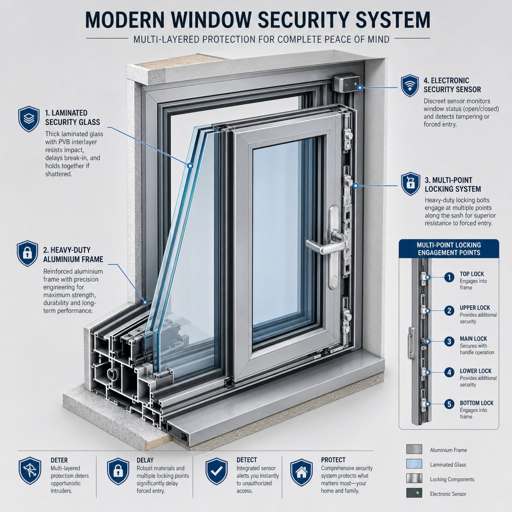 a full system window security strategy combines glass frame hardware and electronic sensors as interdependent layers