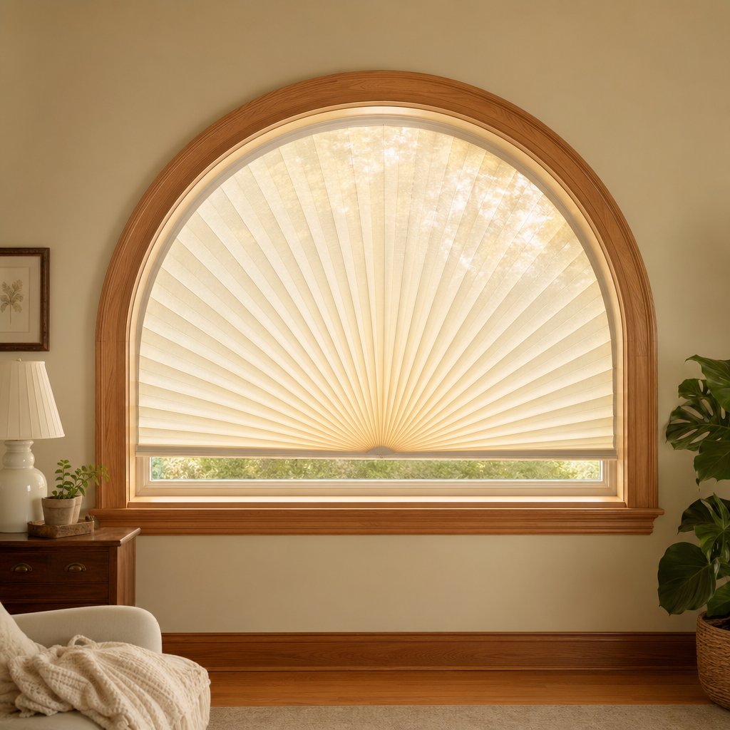 a half round window dressed with a sunburst cellular fan shade for light control and privacy