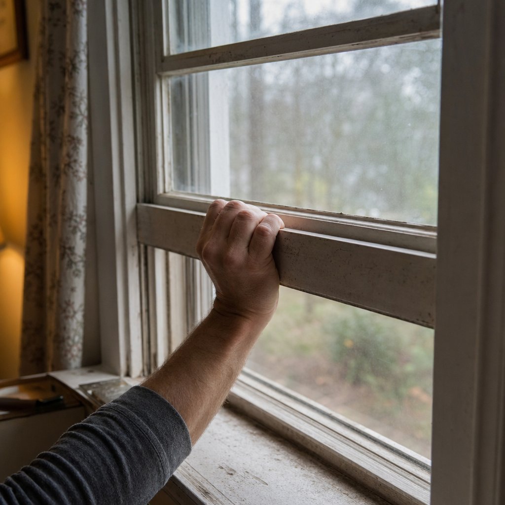 a homeowner struggling to open a stuck single hung window sash one of the most common issues caused by debris or worn balances