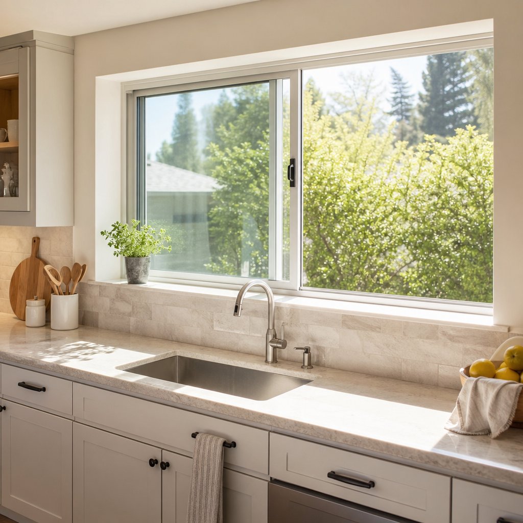 a horizontal sliding window above a kitchen counter provides easy one handed ventilation without an outward swinging sash