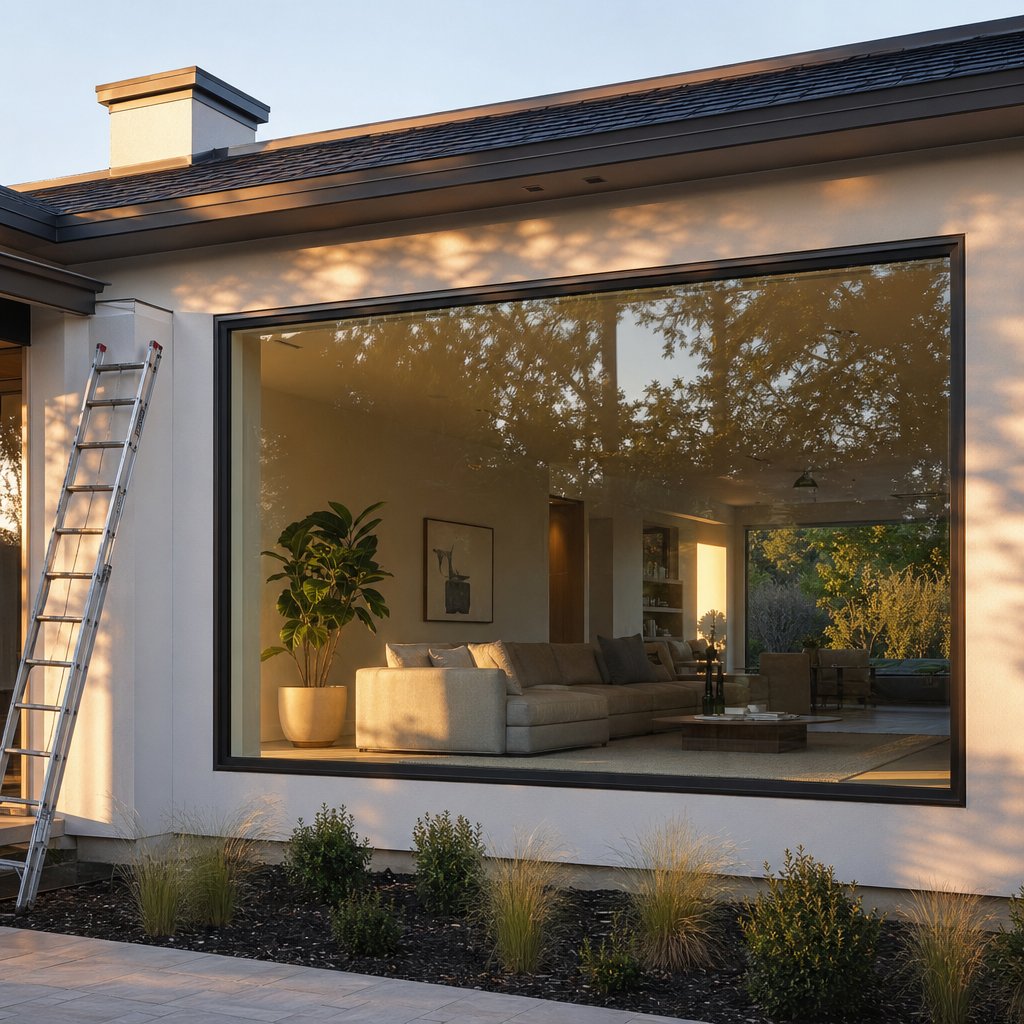 a large custom sized picture window installed on a residential home exterior showing its expansive scale