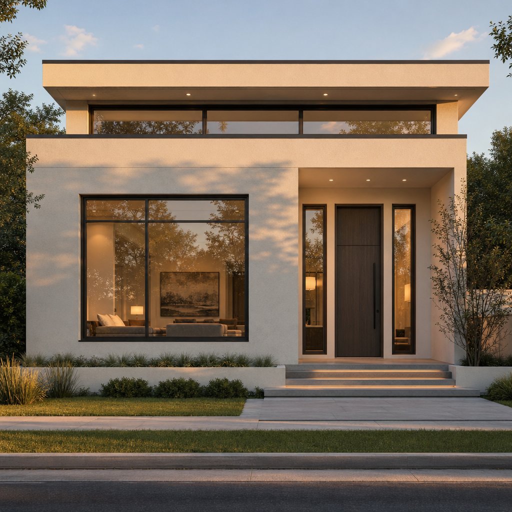 a modern home facade showcasing multiple fixed aluminium window configurations including picture sidelight and clerestory panels