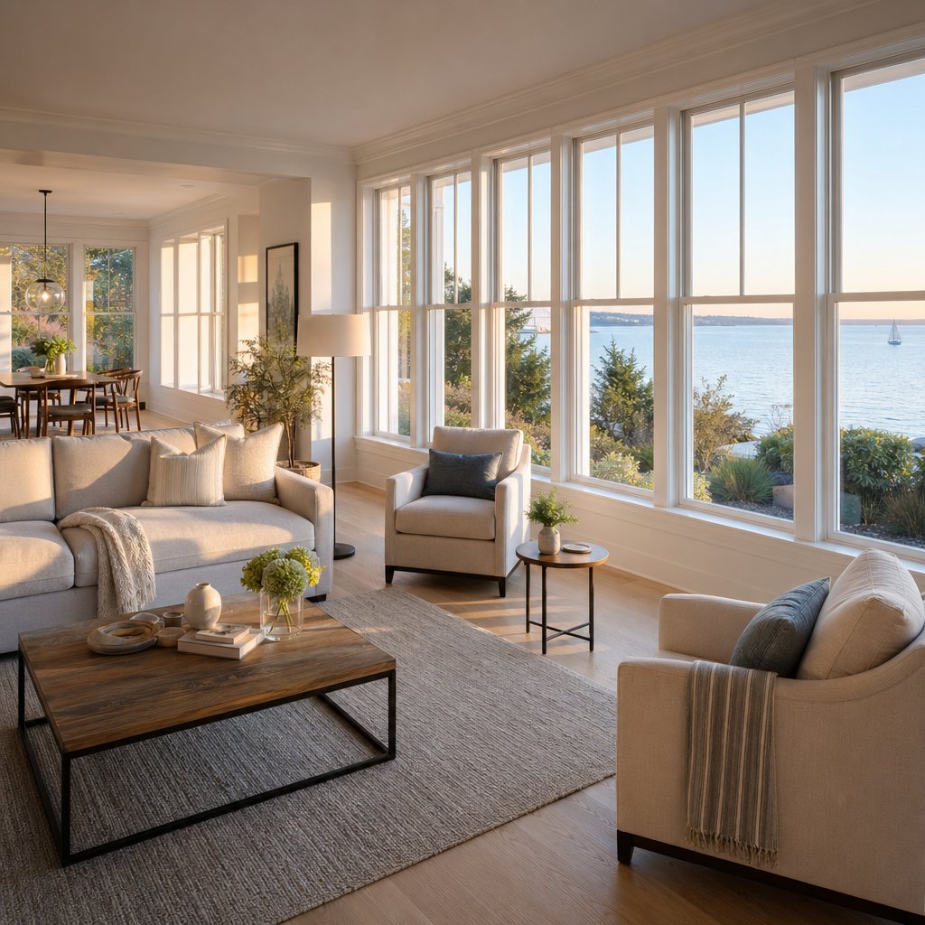 a modern living space featuring a series of single hung windows that balance cost efficiency with clean design and natural light