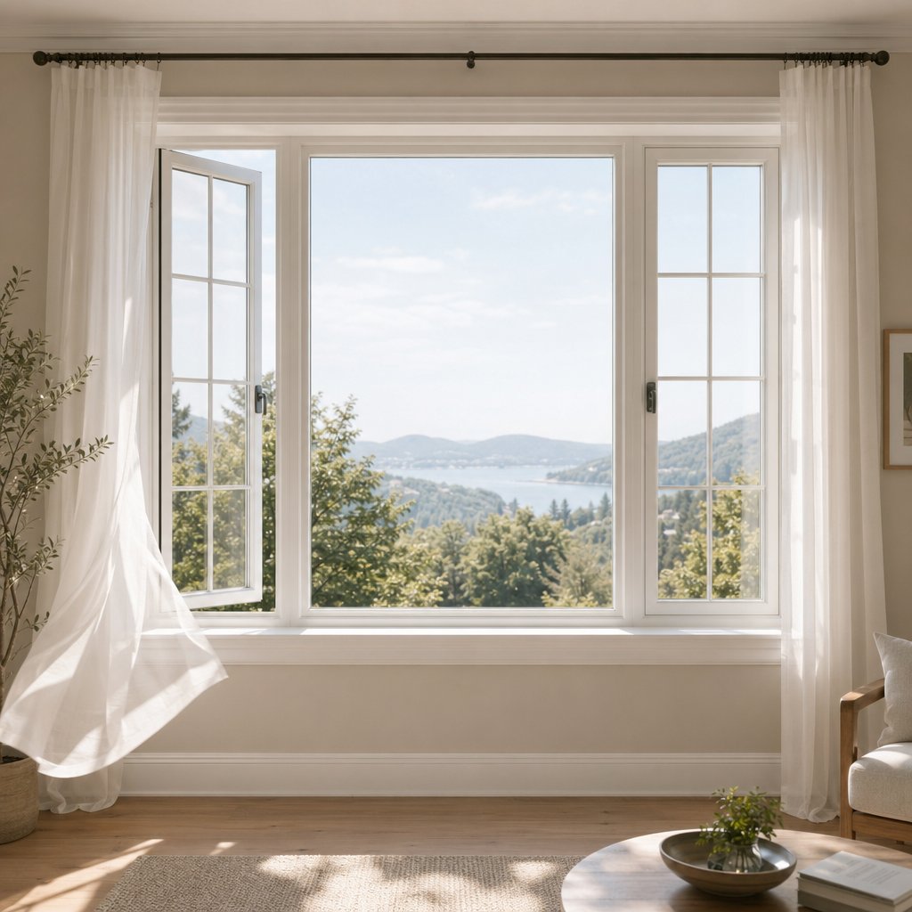 a picture window with operable flanker windows on each side providing both views and ventilation