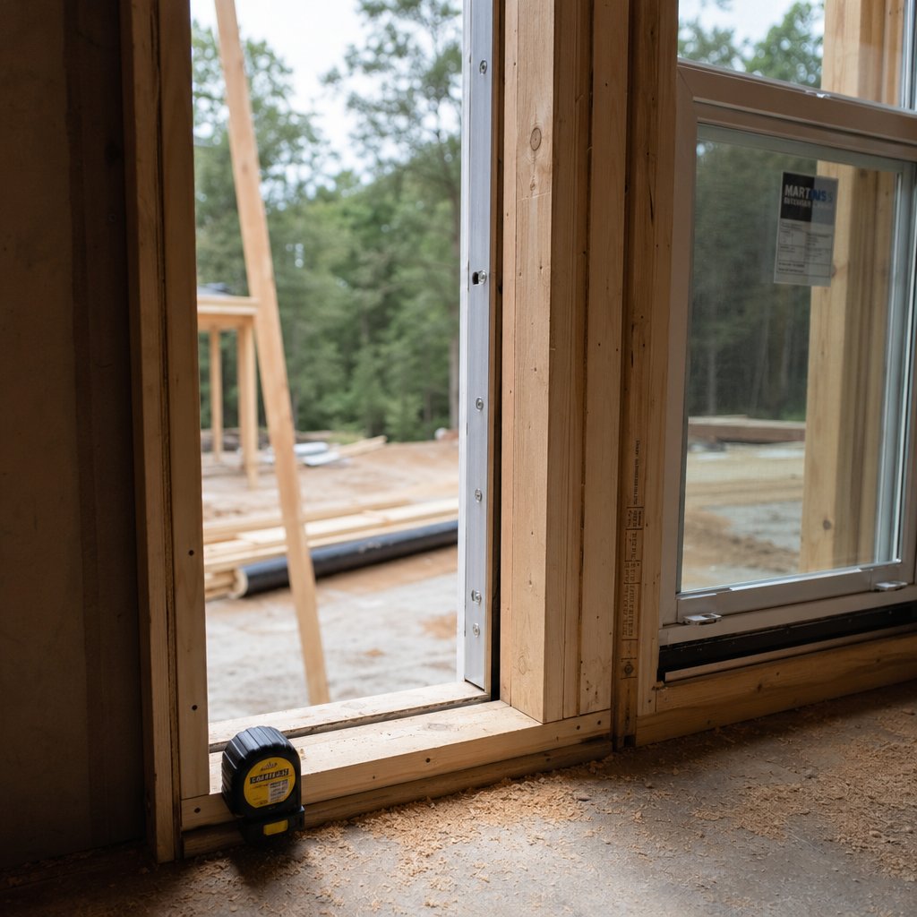 a rough opening framed in wall studs with a window unit ready for installation showing the clearance gap