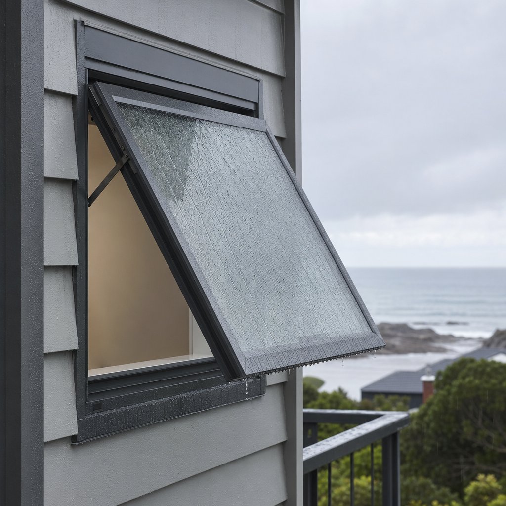 a top hung window deflecting rain while open demonstrating weather protection during coastal conditions