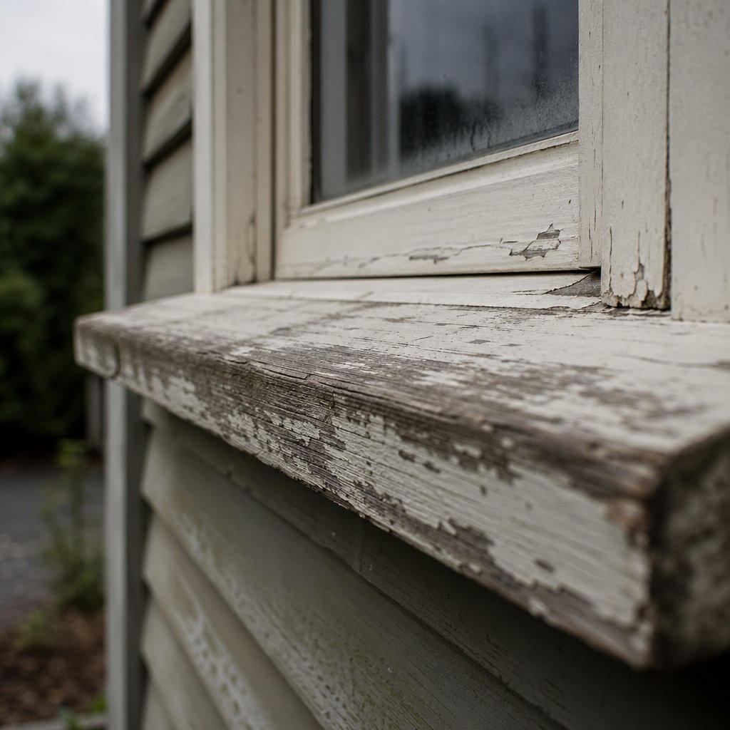 a weathered timber window sill showing early signs of paint failure and surface wear that signal the need for inspection