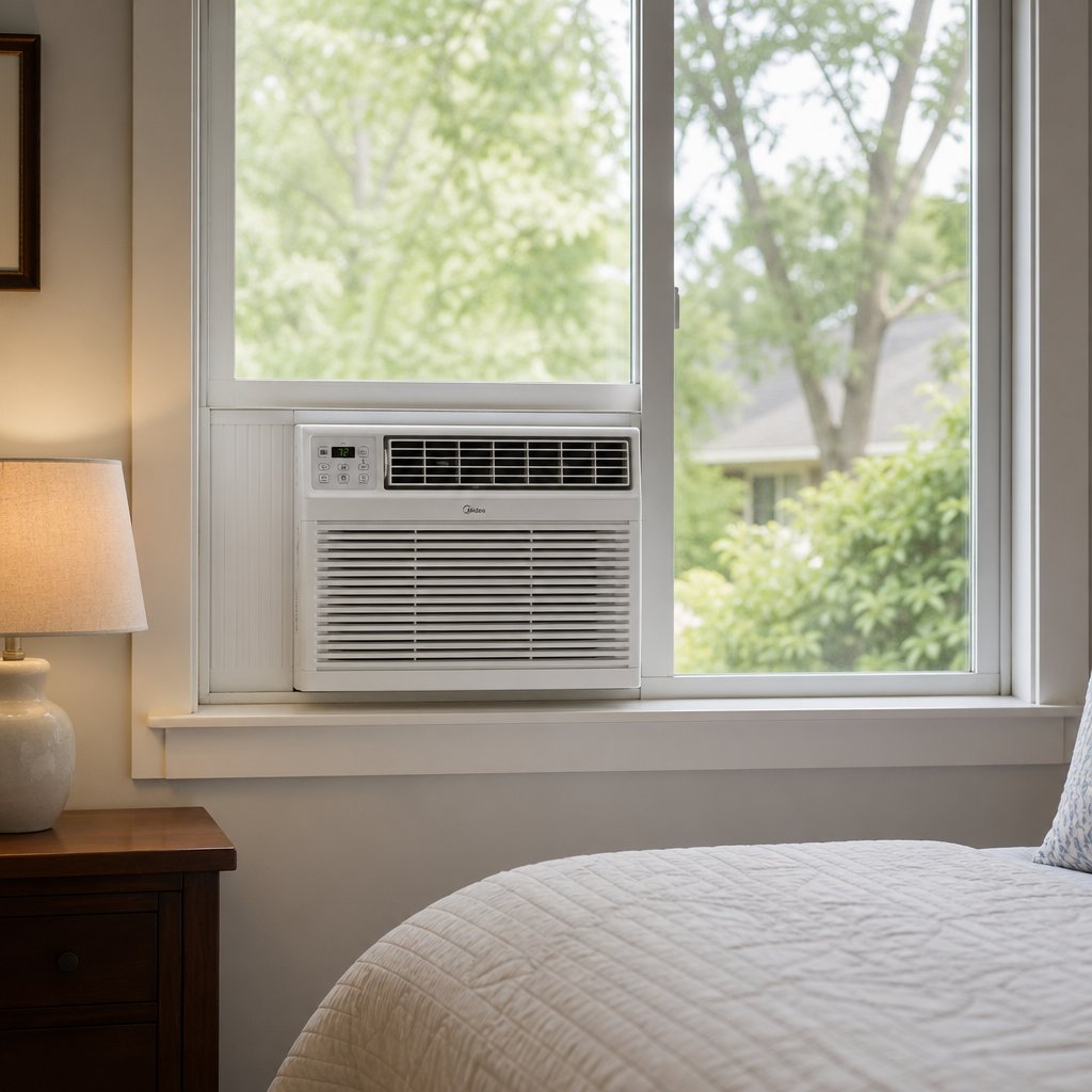 a window ac unit mounted in a horizontal sliding window with a filler panel sealing the gap beside it