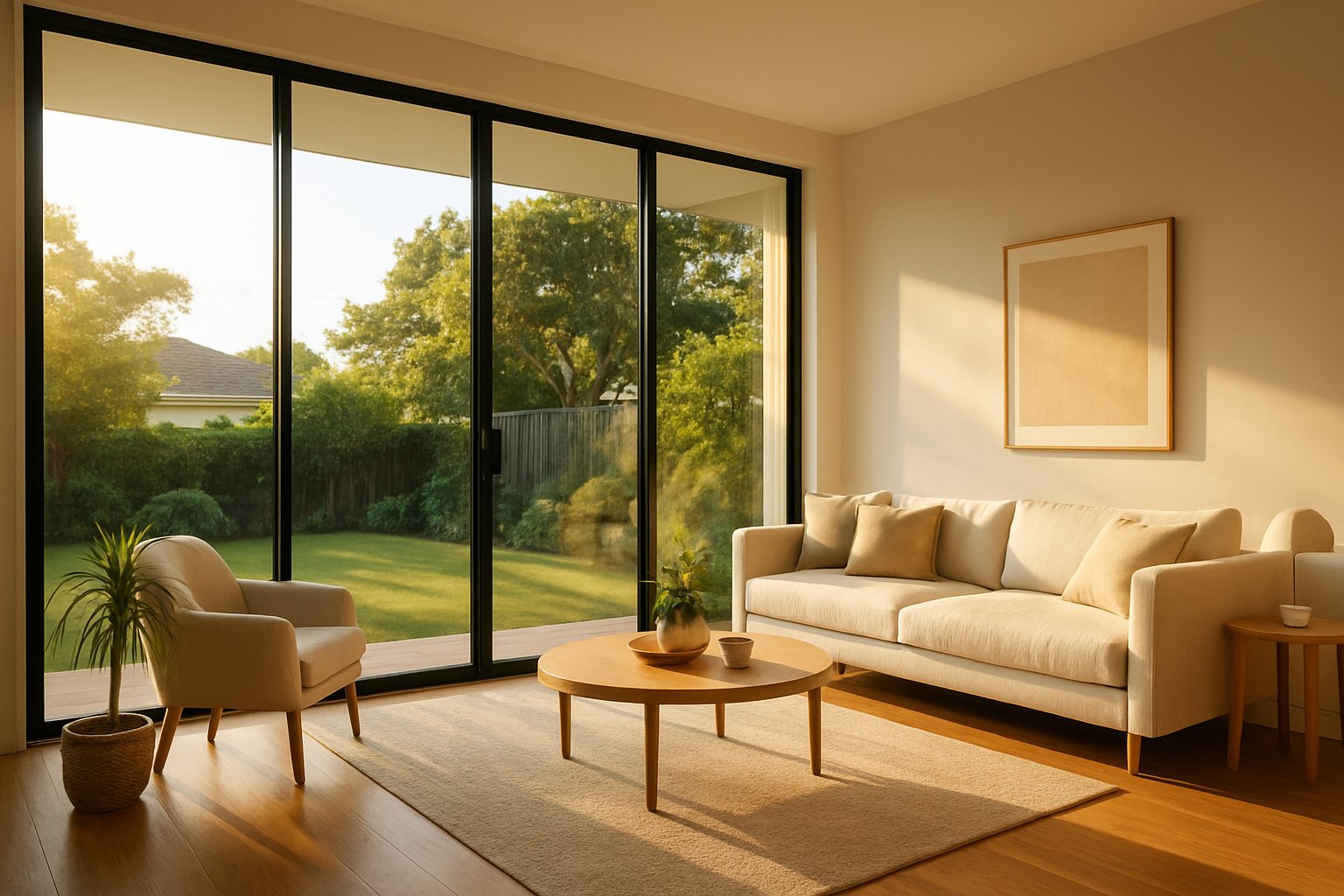 aluminium framed windows flooding a modern australian living room with natural light
