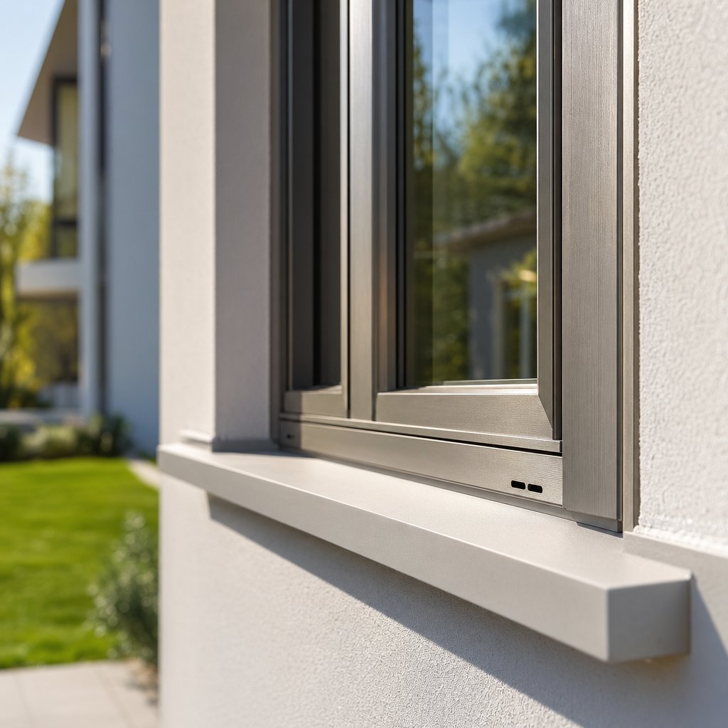 aluminium window frame with integrated weep holes at the sill designed to work in concert with sill flashing for reliable drainage