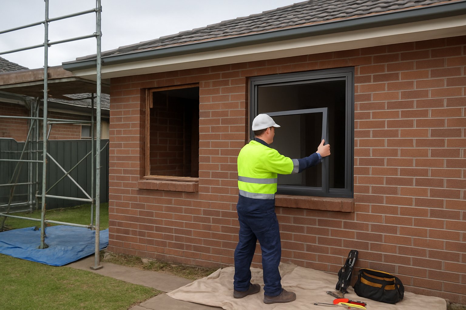 aluminium window installation in progress on a typical australian brick veneer home during a whole house replacement project