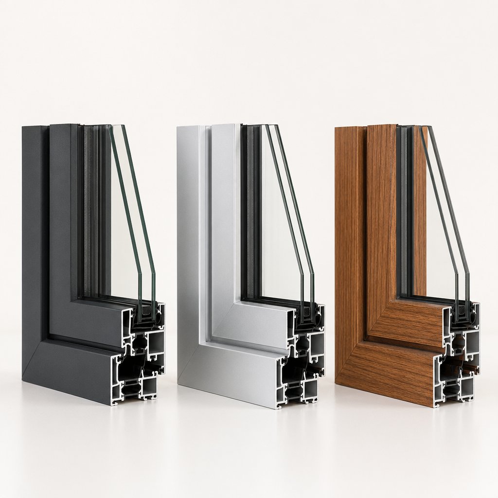 aluminium window profiles in three finish types powder coating anodizing and wood grain sublimation