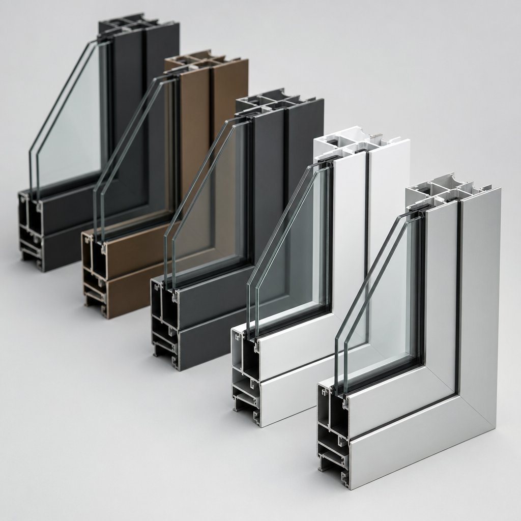aluminum window frame finish samples showing the range of powder coated and anodized color options available for residential projects