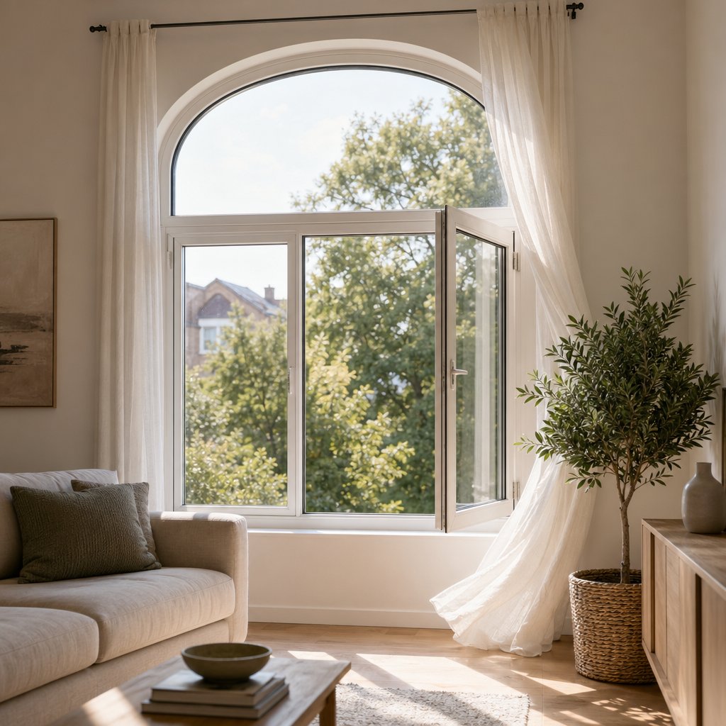 an arch top combination window with the operable lower casement open for ventilation and the fixed curved top above