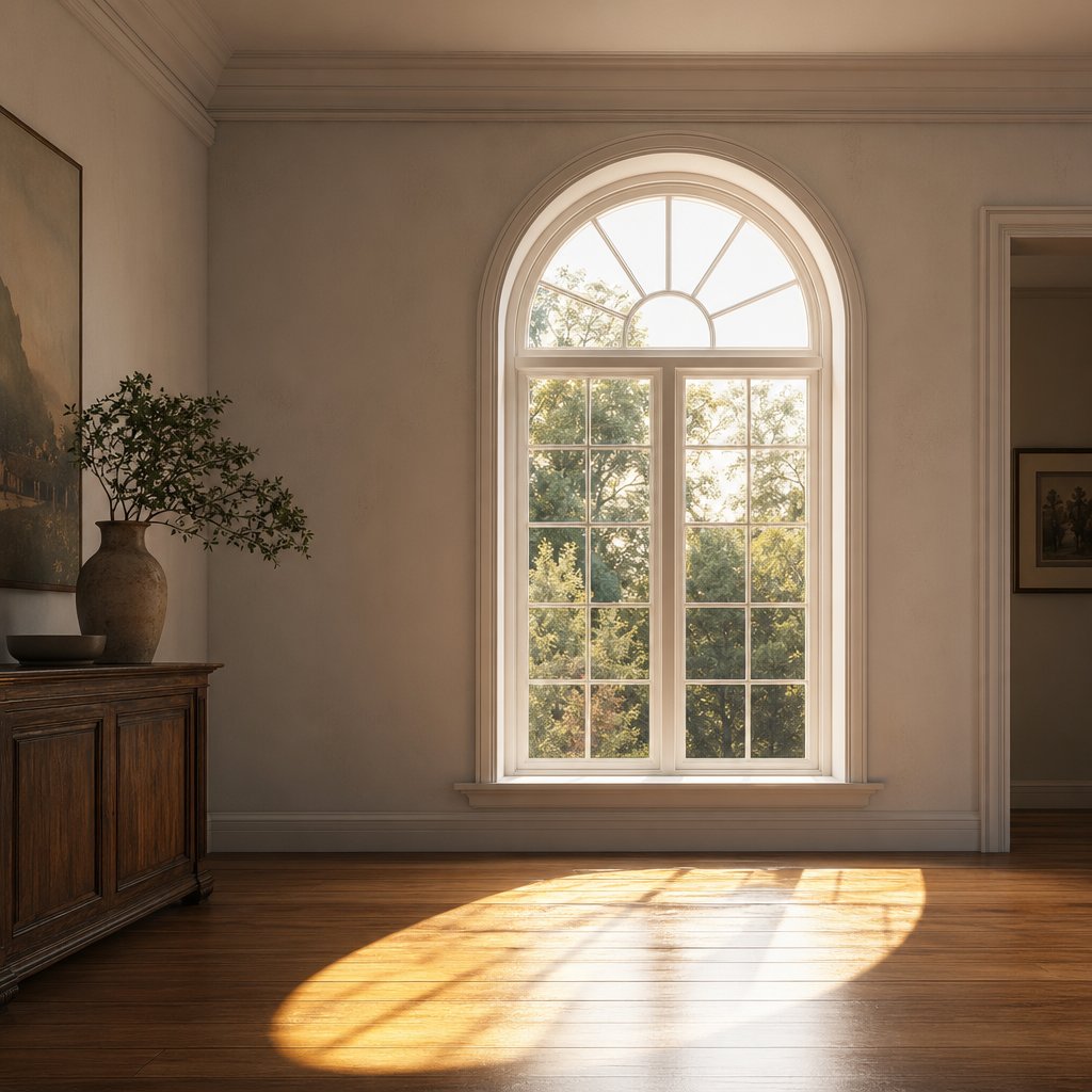 an arched window combining a fixed semicircular top with an operable lower section casting warm natural light across an interior space