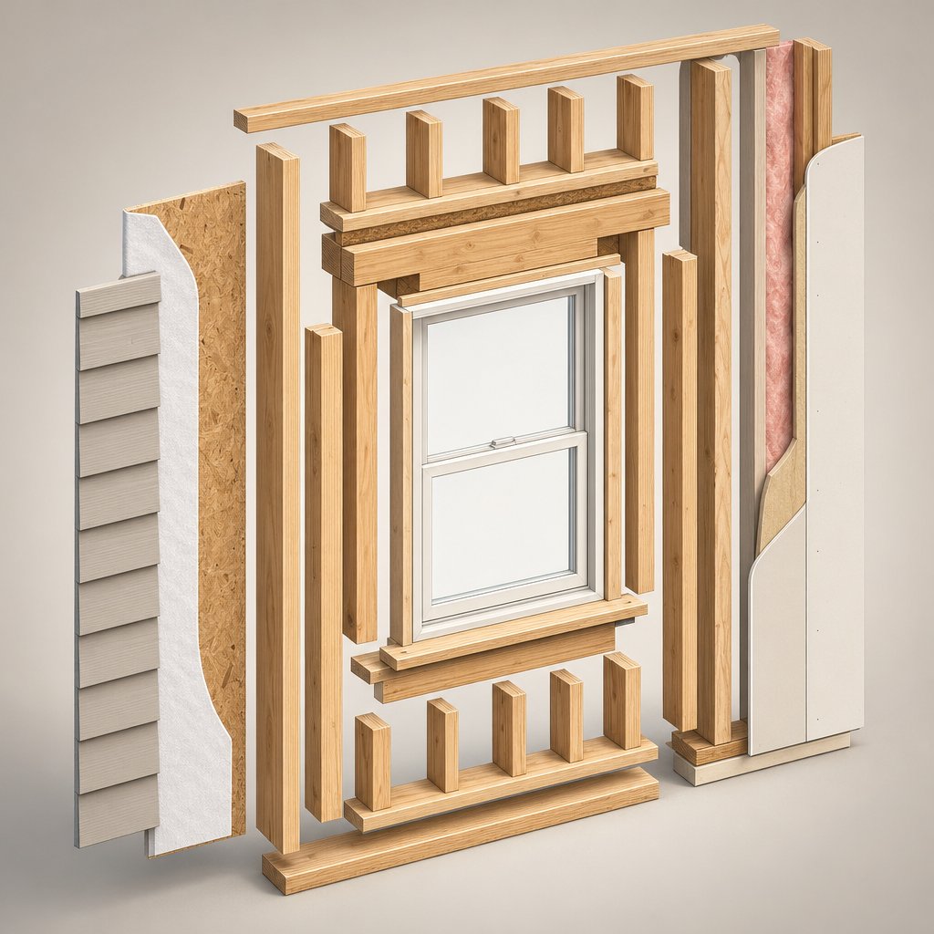 anatomy of a framed window opening showing how king studs jack studs header sill and cripple studs fit together