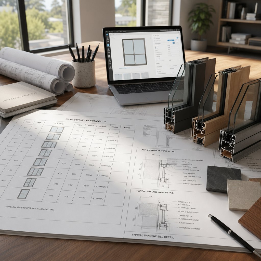 architect's desk with fenestration schedules frame samples and specification documents for a window selection project