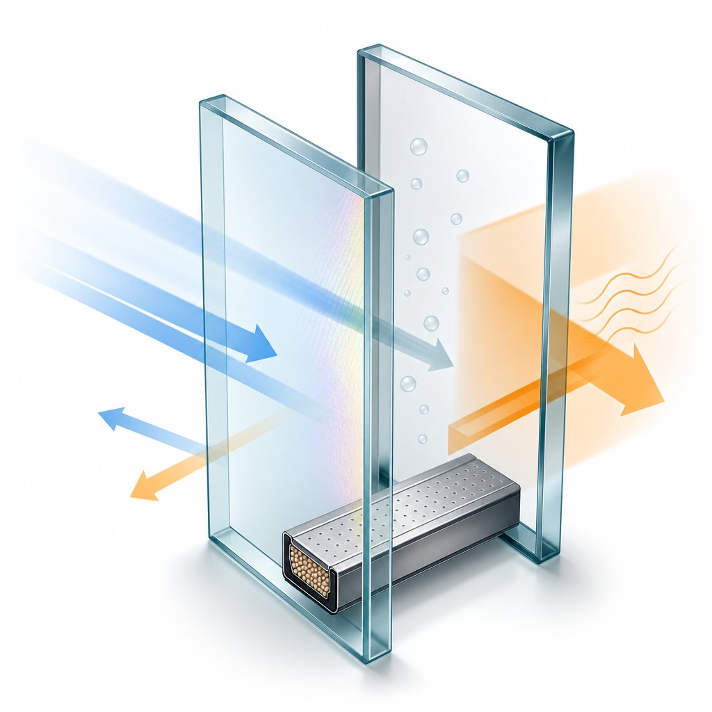 artistic rendering of a double glazed insulated glass unit showing the gas filled cavity and low e coating layers that improve thermal performance