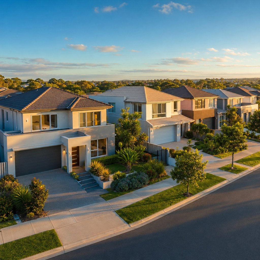 australian residential streetscape showcasing aluminium sliding windows across different home styles and sizes