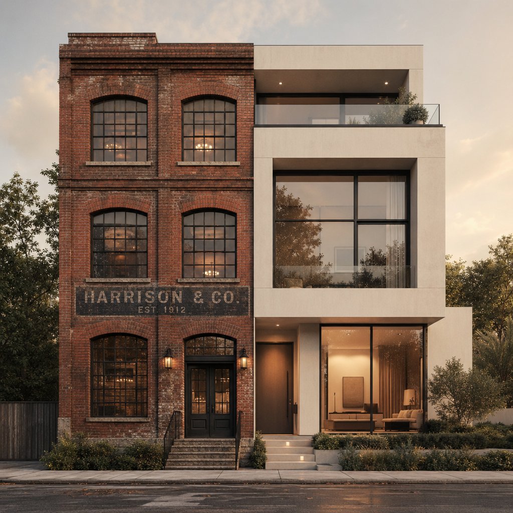 black window frames spanning architectural eras from industrial heritage to contemporary design
