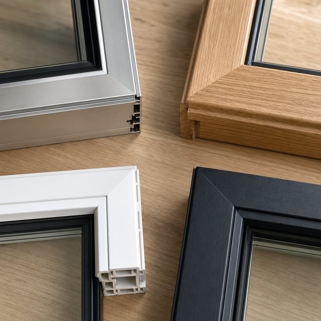 casement window frame material samples in aluminium wood vinyl and fiberglass