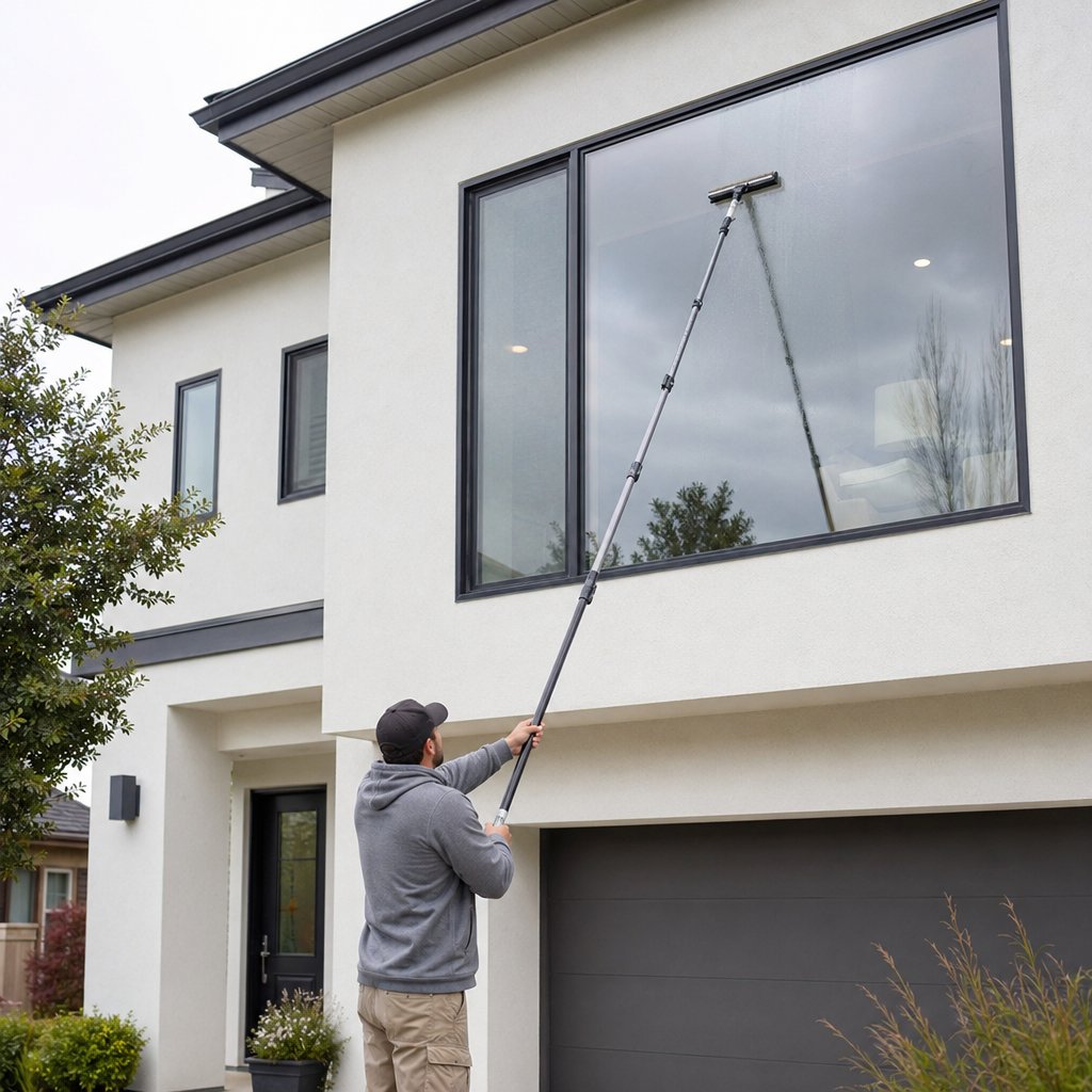 cleaning an upper story picture window safely from ground level using a telescoping extension pole