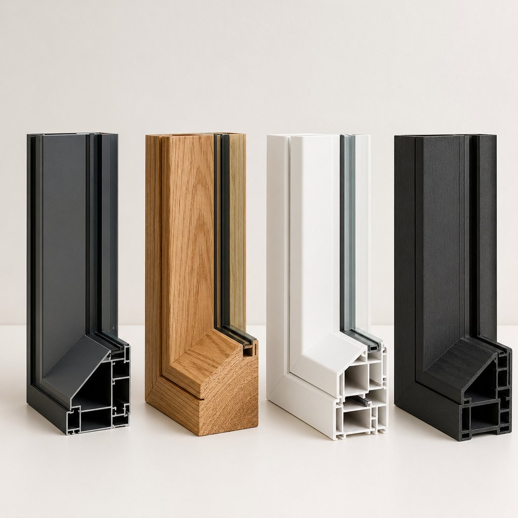 close up comparison of four bow window frame materials aluminium wood vinyl and fiberglass
