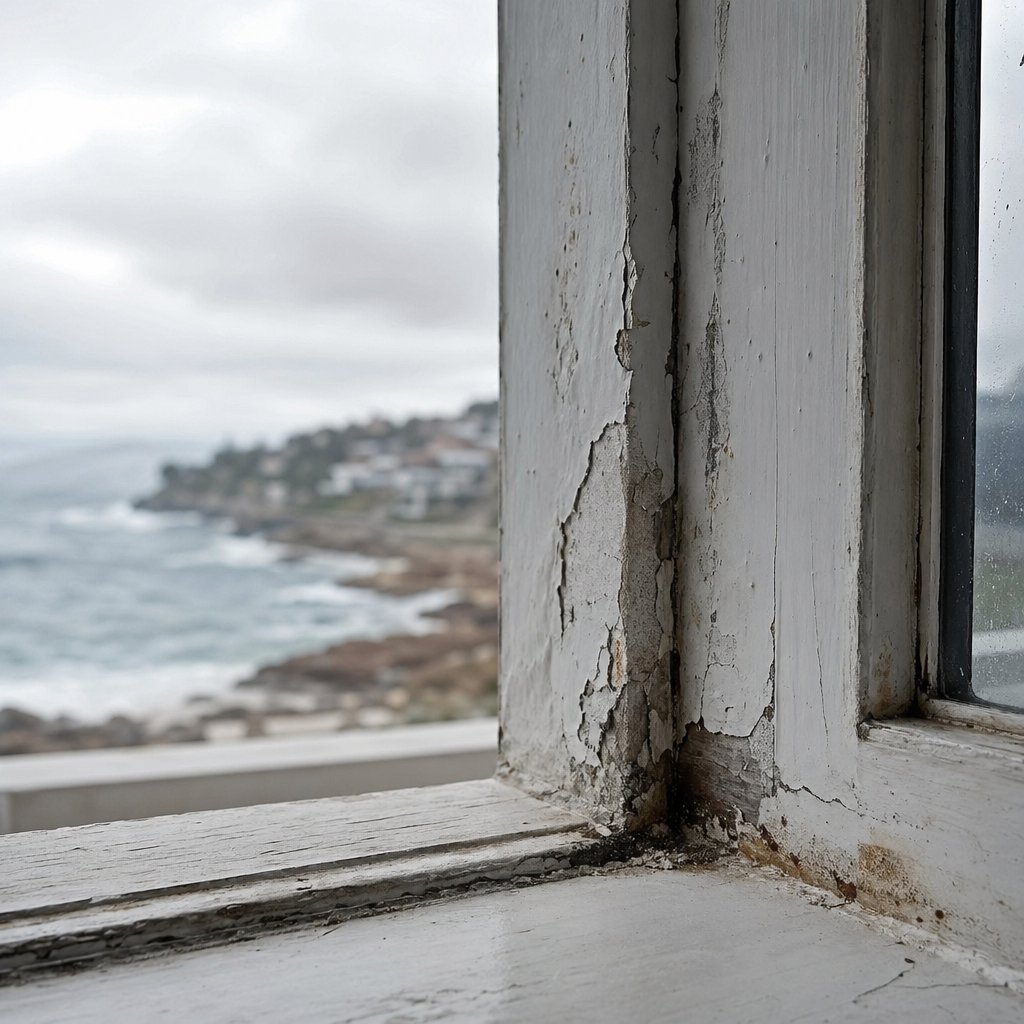 close up of a deteriorating window frame showing signs of poor coating quality and weather damage