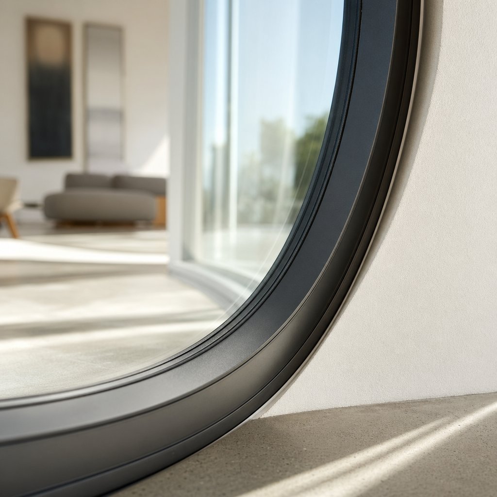 close up of a precision bent aluminium curved window frame showcasing slim sightlines and smooth arc fabrication