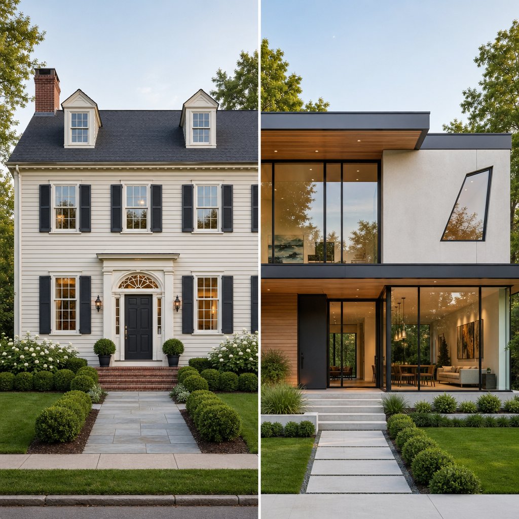 colonial and contemporary homes side by side each using distinct window shapes that reflect their architectural style and era