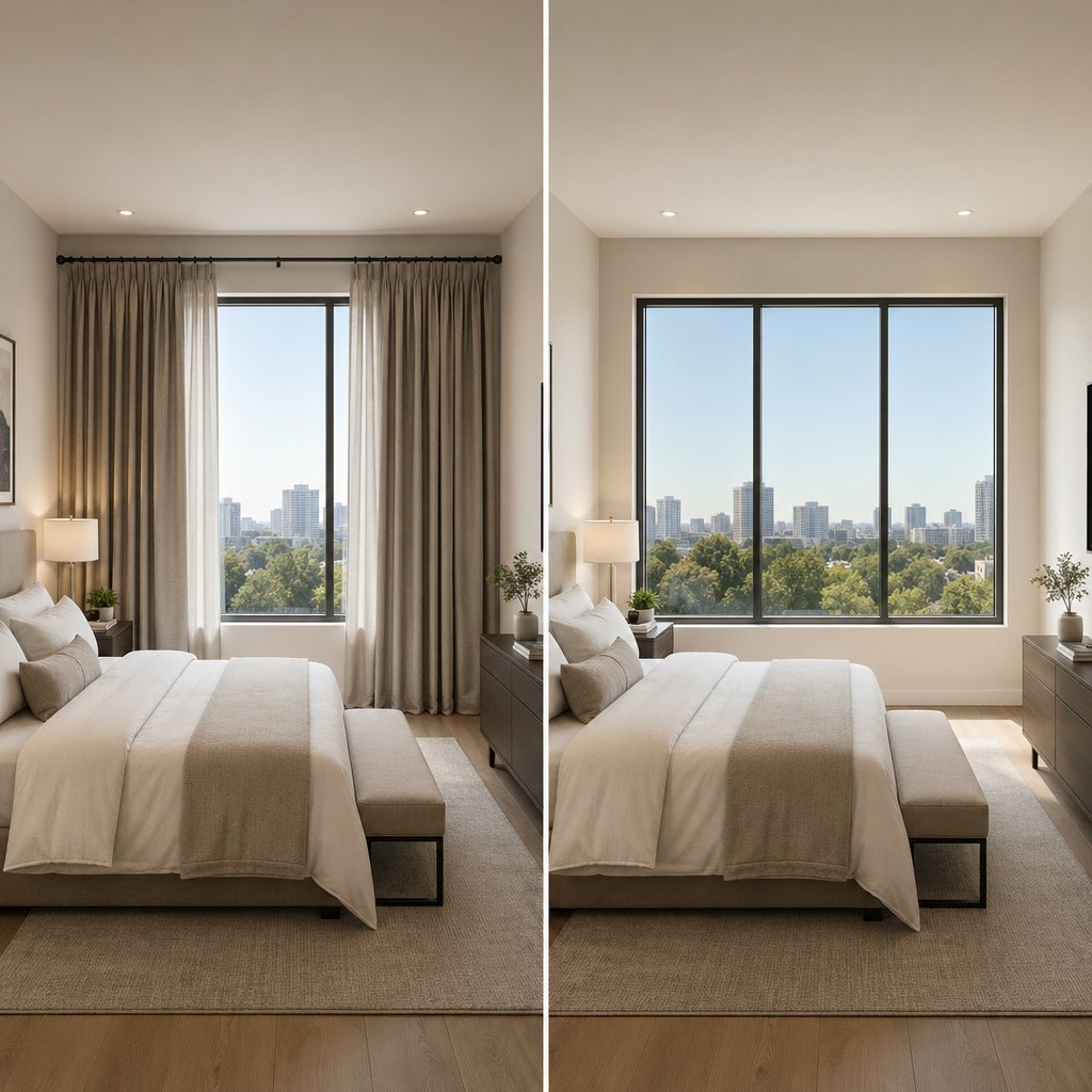 comparing traditional curtains with clean smart glass windows in a modern bedroom setting