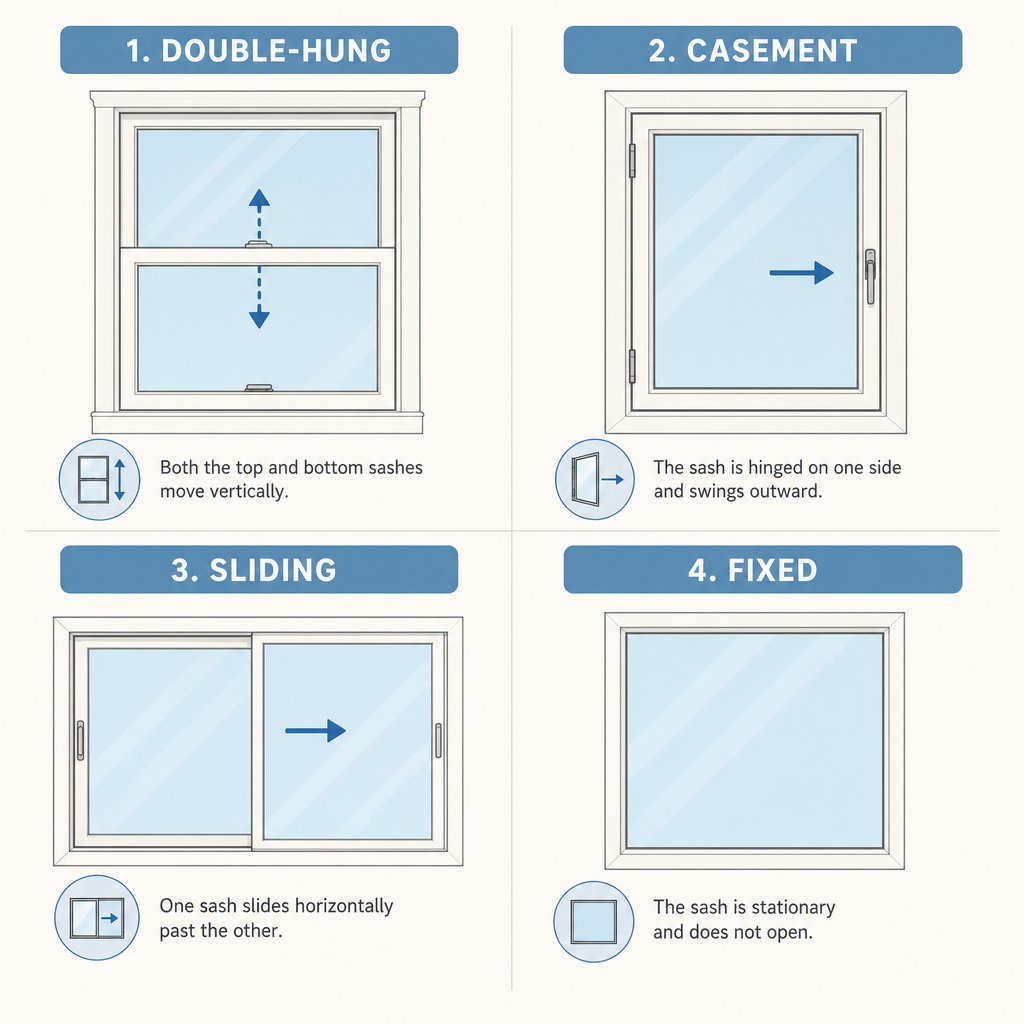 comparison of four common window types showing how sash movement and components differ across styles