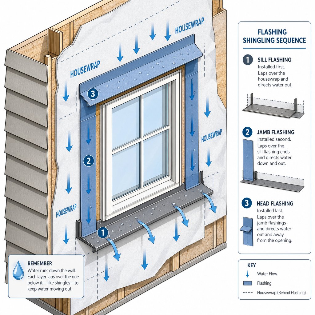 correct shingling sequence showing how sill flashing laps over the wrb while jamb and head flashing layers overlap from top to bottom