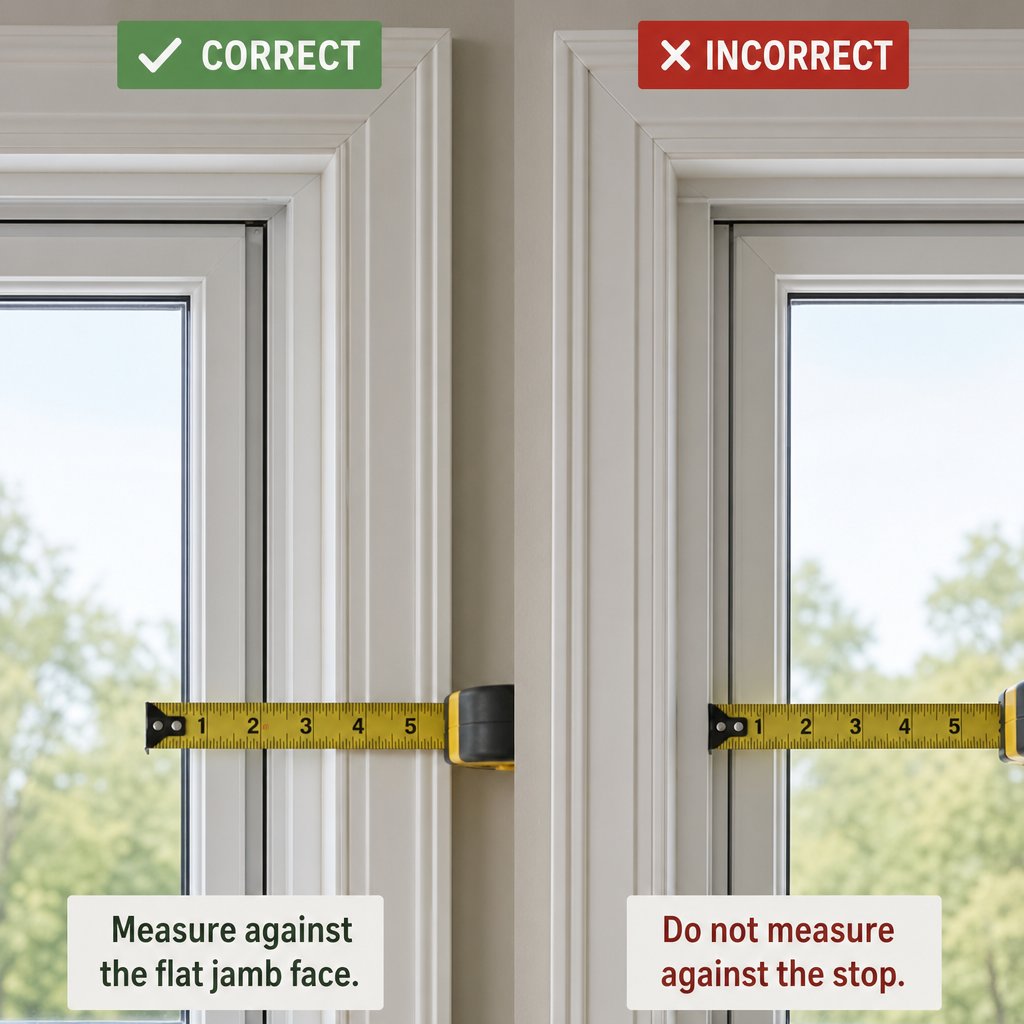 correct tape placement on the jamb face versus the common mistake of measuring to the interior stop
