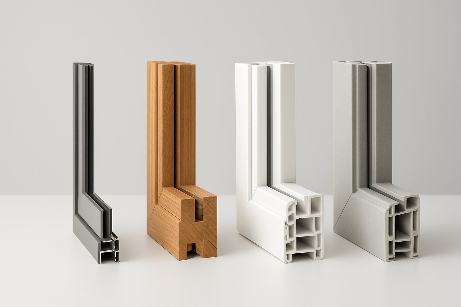 cross section comparison of aluminium timber vinyl and fiberglass window frame profiles showing differences in width and structure