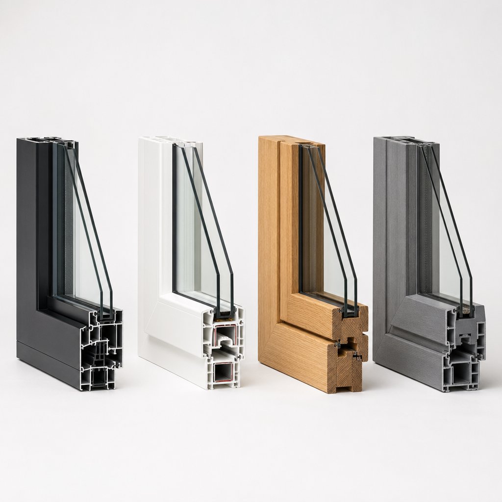 cross section comparison of aluminium vinyl wood and fiberglass window frame profiles