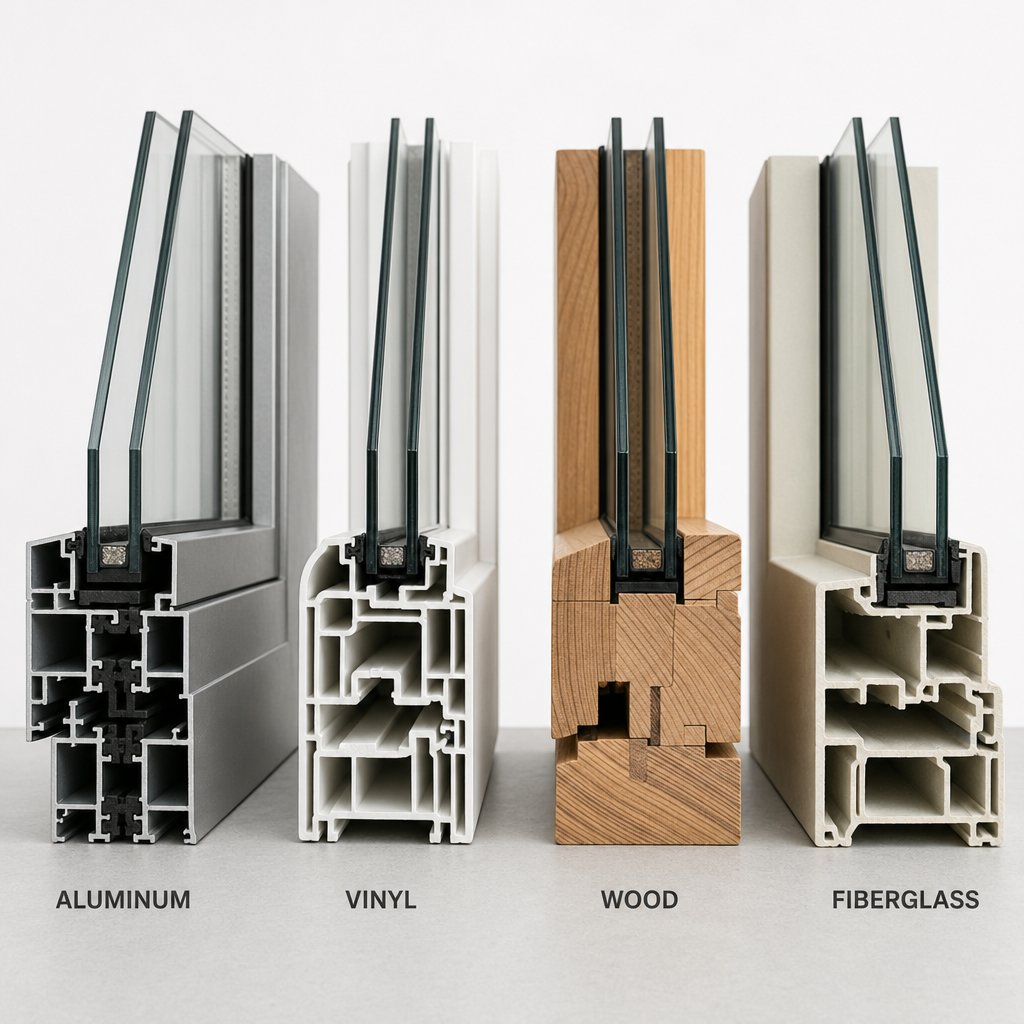 cross section comparison of aluminum vinyl wood and fiberglass window frame profiles showing differences in thickness and structure